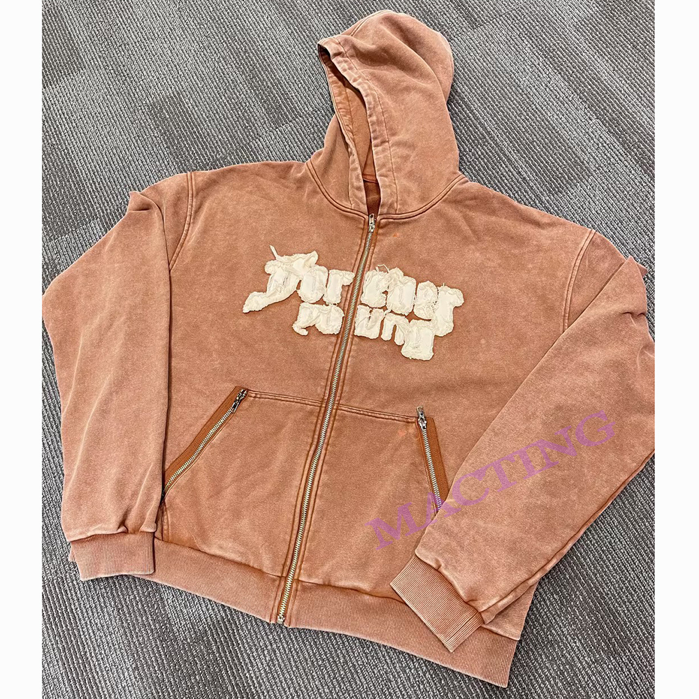 Men's Heavyweight Cotton Vintage Acid Wash Custom Streetwear Embroidered Logo Hoodie