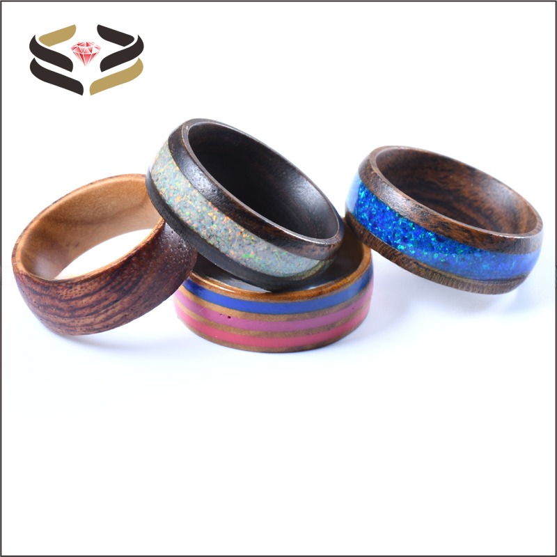 Pearl Type Gold Ebony Wood Rings 8mm With Blue Opal Inlay