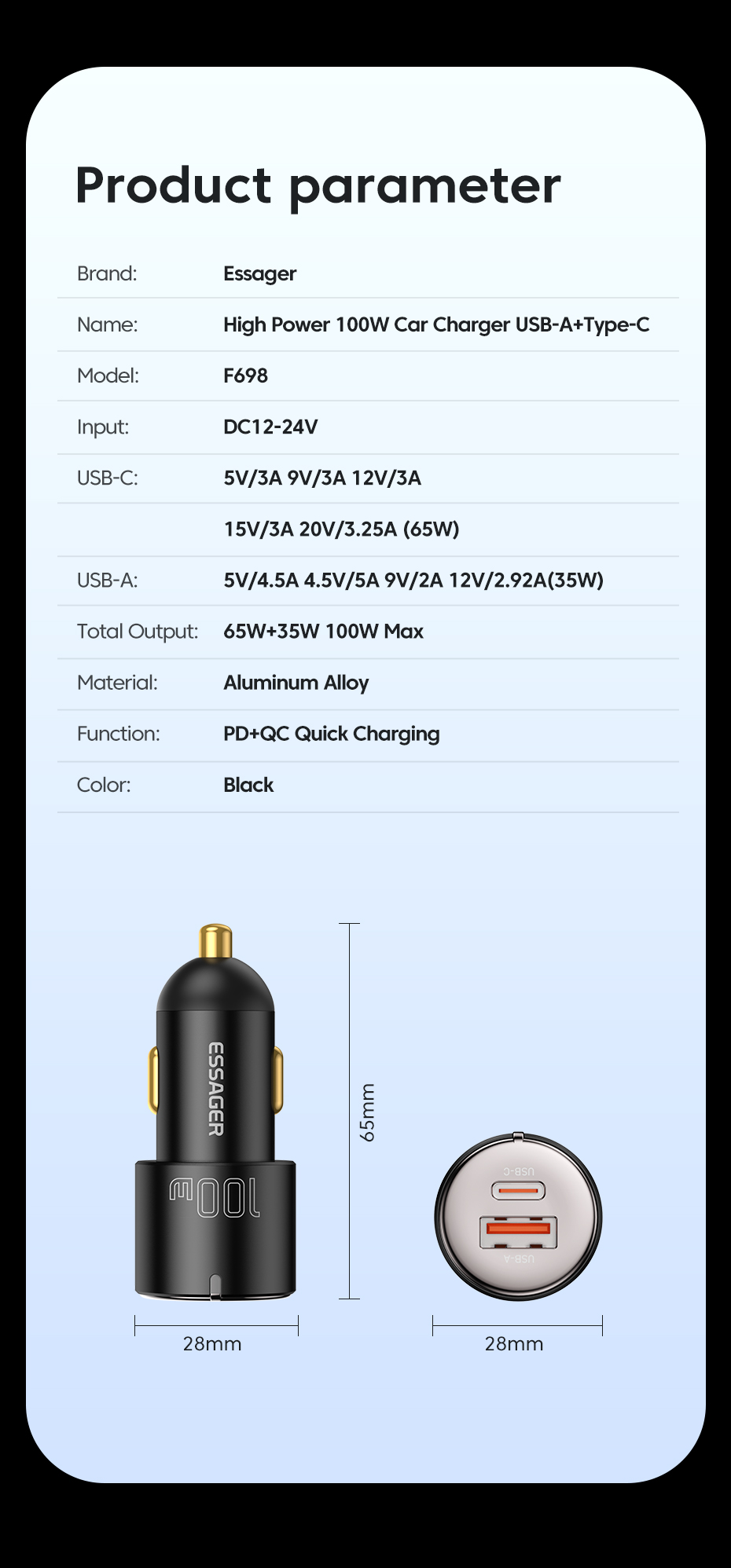A+C Car Charger Black PD65W Type C And 35W USB-A Dual Port 100W Car Charger