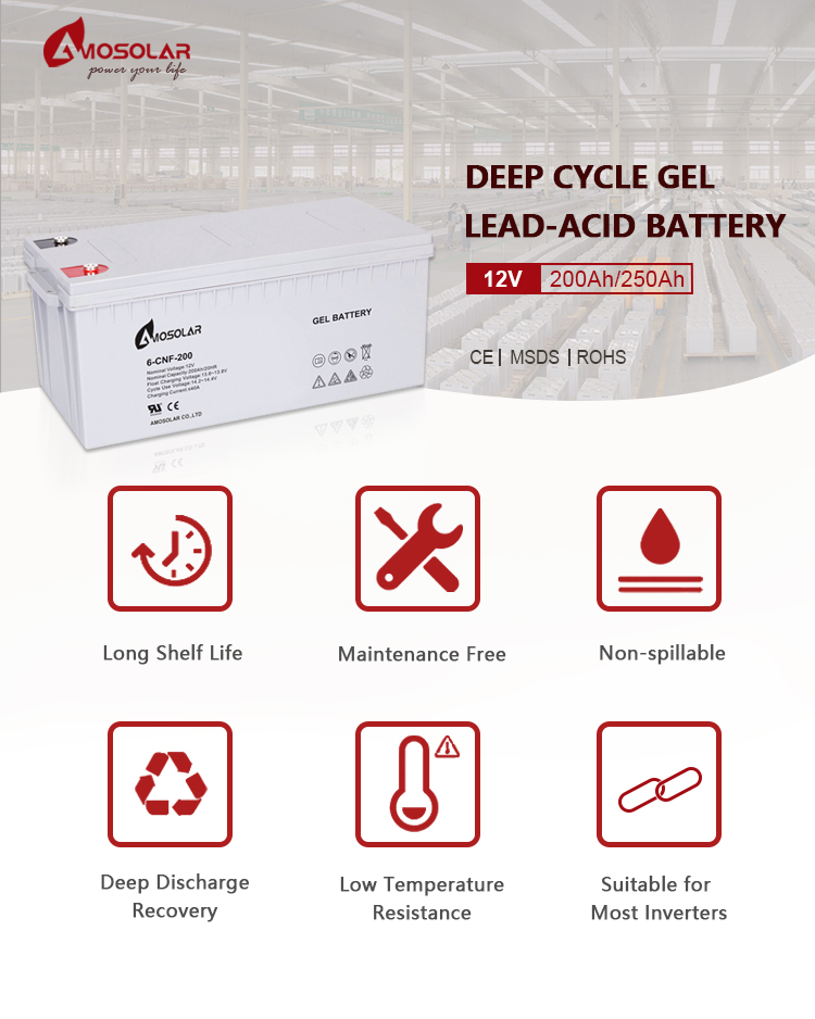 Amosolar GEL Lead Acid Battery 12v 200AH 50ah 100ah 120ah 150ah 250ah Chargeable NO