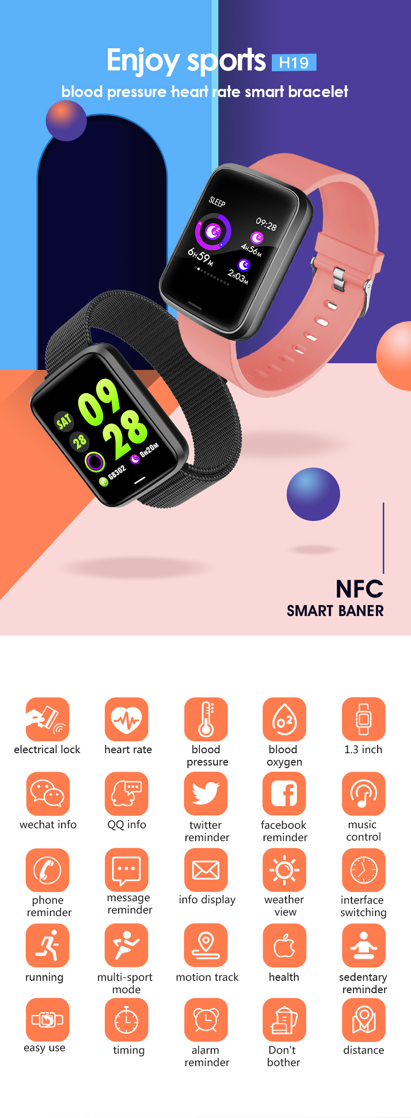 H19 smart watch ECG Ring Amazfit Gts Watch IP68 OEM RFID Silicone Wristband Temperature Instruments Detection Exercise