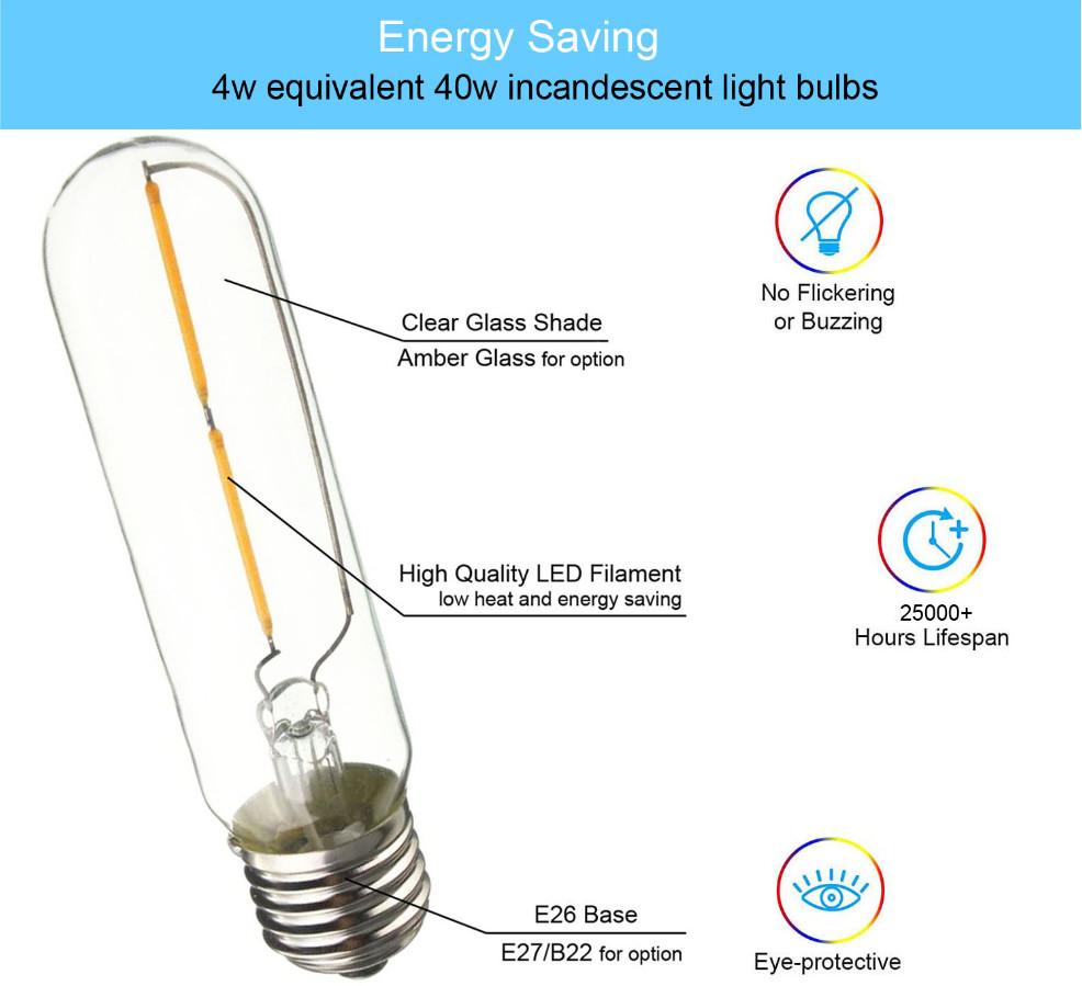 T30 Vintage Edison Tubular LED Filament Bulb Long Tube Edison Bulb 4W 4000K
