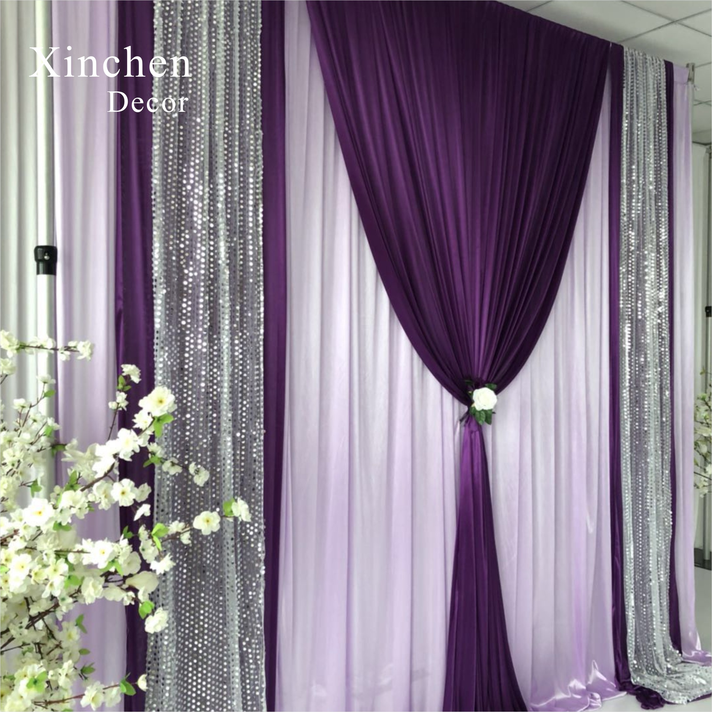 Hot Sale Gorgeous blue silk cloth drape valance curtains with ivory tassel
