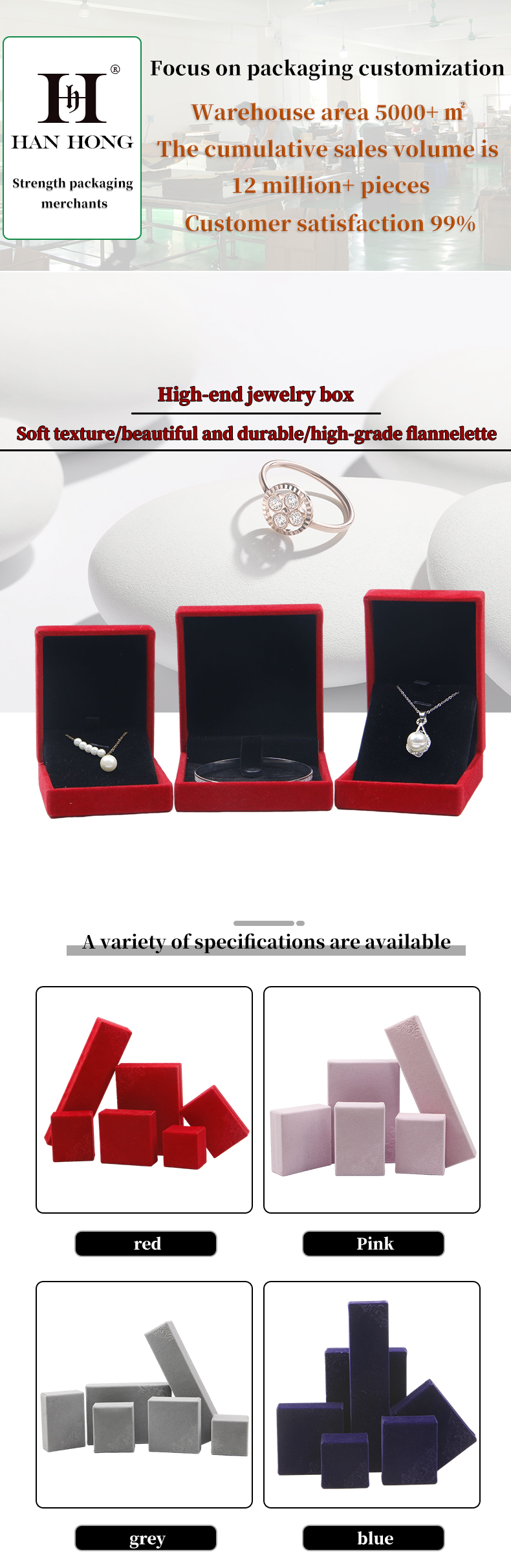 Customized Size Hanhong Embossed Gray Jewelry Packaging Box for Necklace and Ring