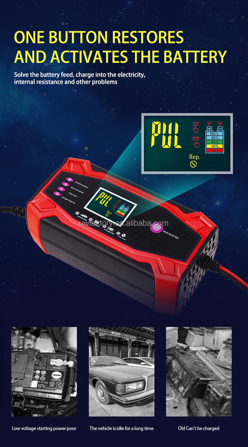 High Speed Charging Intelligent Pulse Repair Battery Charger for Automobiles and Motorcycles 12V/24V Output