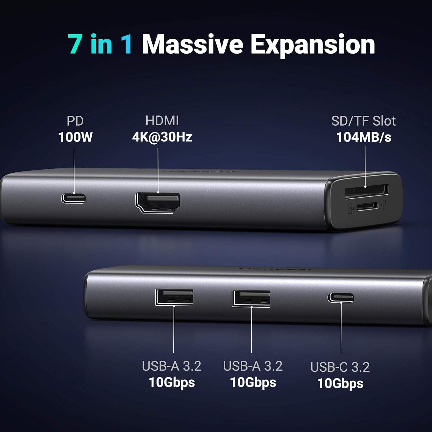 Revodok Pro 107 USB-C Hub 7 in 1 10Gbps USB C 3.2 & 2 USB-A 3.2 4K-HDMI, 100W Power Delivery, SD/TF Card Reader