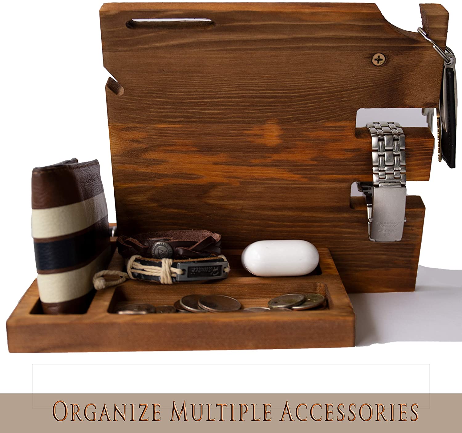 Wooden Docking Station for Men and Nightstand Organizer - Holds Phone Keys Watch Wallet Ring Pen Glasses Ring