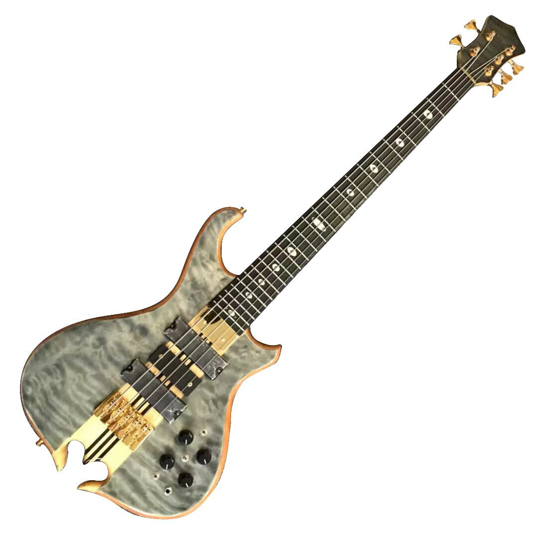 Custom Alem Style Mark King 5 Omega Cut Bottom Shape Neck Through Body Flamed Maple Top 5 Strings Bass Guitar