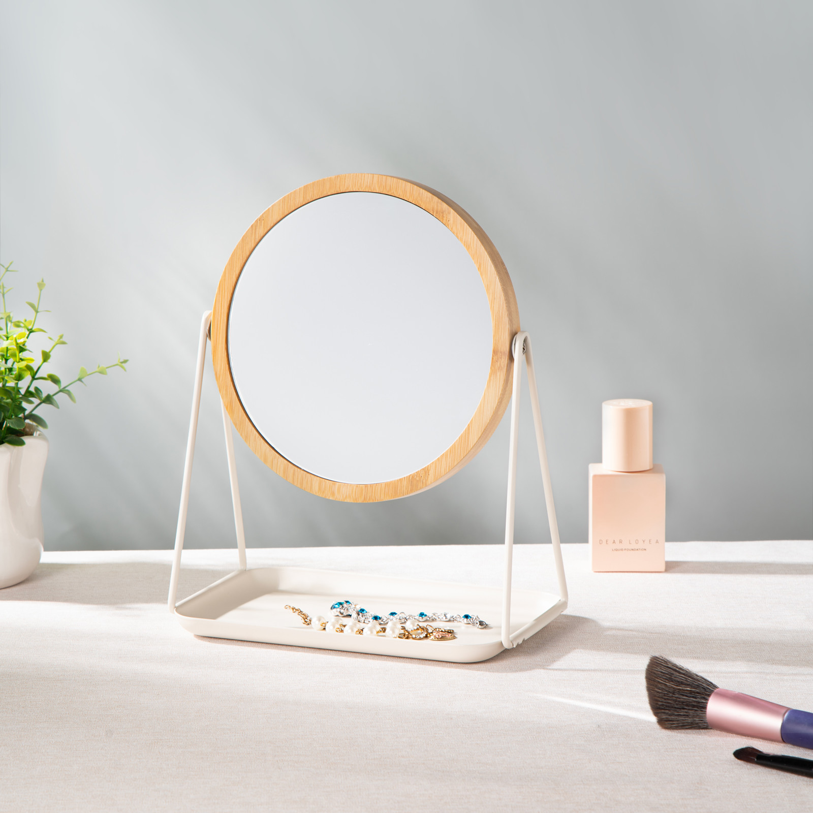 round countertop Makeup Mirror with jewelry tray