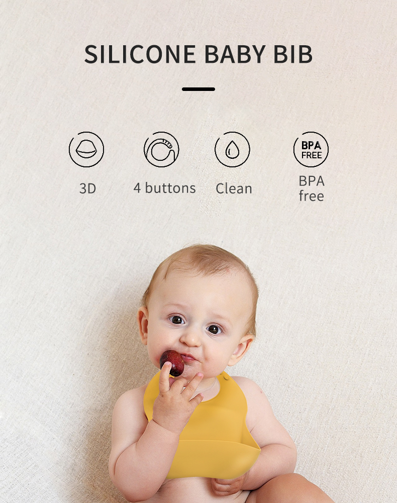 4 Buttons BPA Free Silicone Baby Bib Waterproof Soft Durable Adjustable