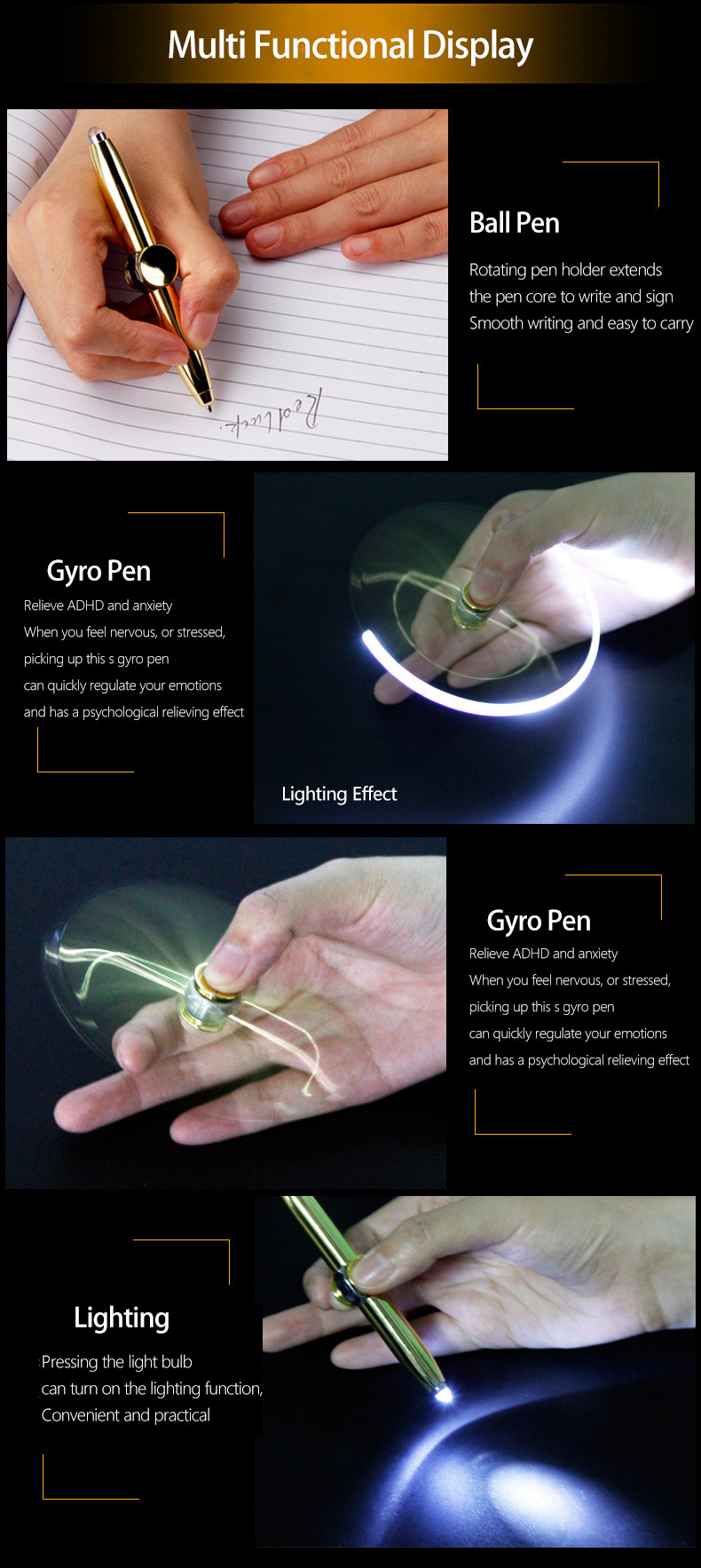 Metal 3 In 1 Ballpoint Pen Multifunction LED Fidget Spinner Finger Gyro Rotating