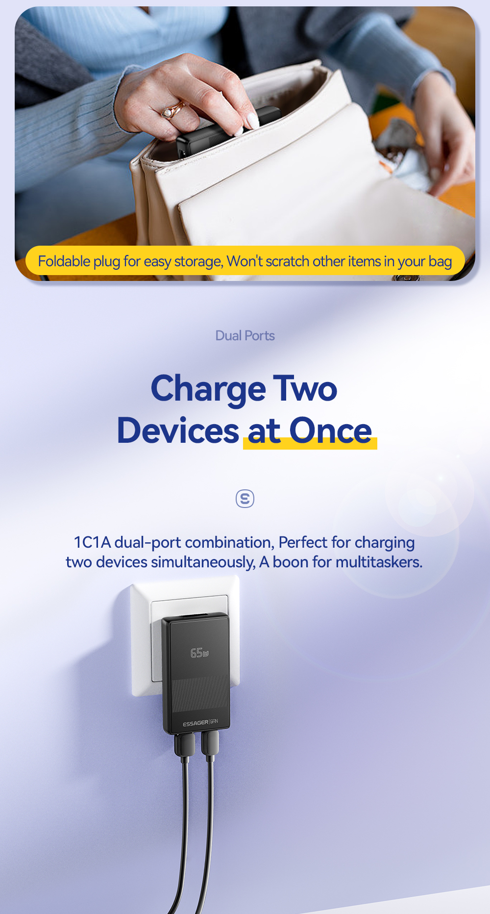 ESSAGER JT-CG65AC1U1 Series Ultra Thin 65W Max Portable USB A Type C Charger