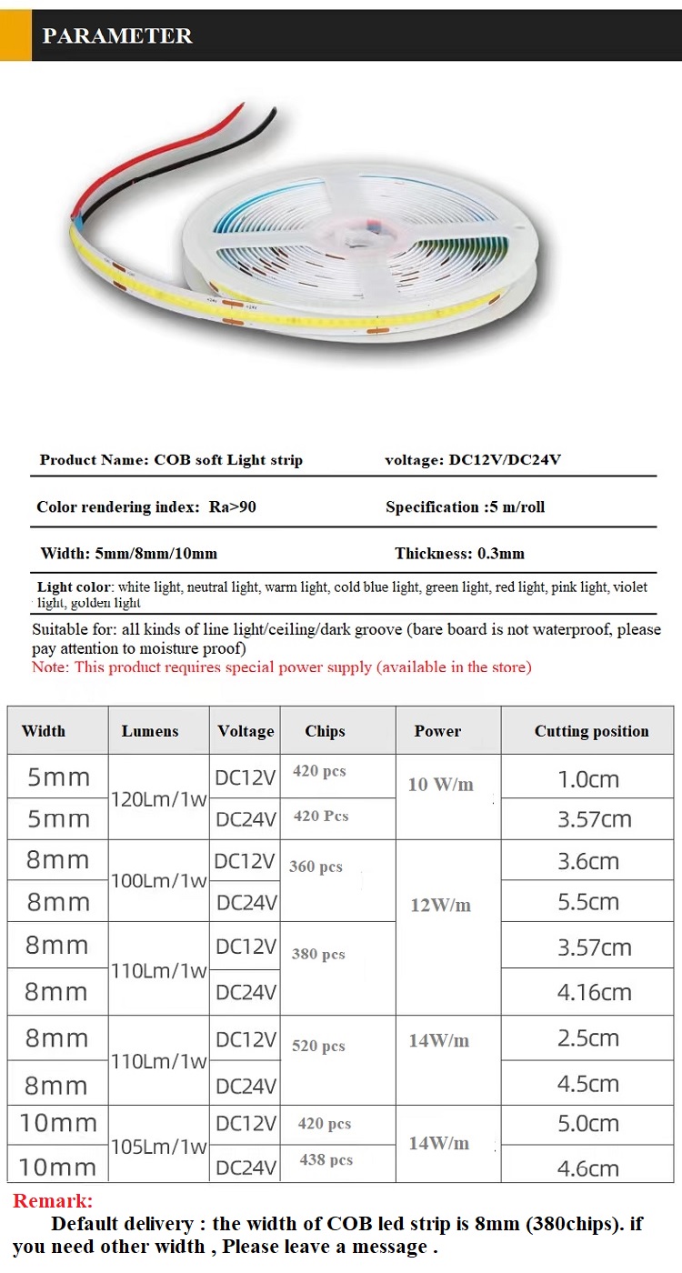 High Brightness 480leds 8mm10mm 12V24V COB LED Strip Light for Warm Natural White Lighting