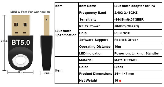 3Mbps USB 5.0 Bluetooth Adapter For PC Windows 10 / 8.1 / 8