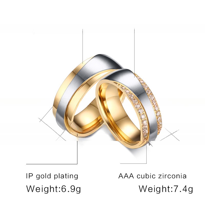 Gift Bridal CZ Stainless Steel Wedding Ring Band Set White Gold Plated 7mm
