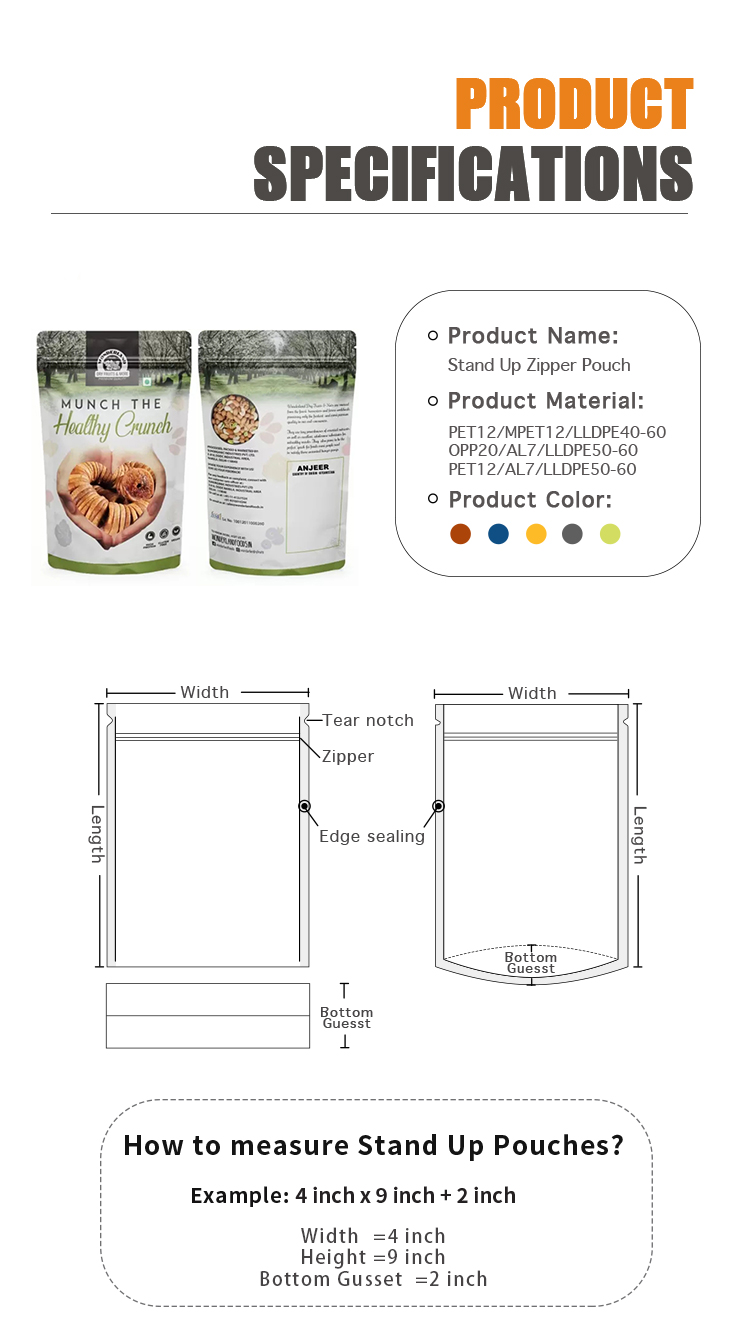 LDPE BOPP Frosted Clear Stand Up Pouch Mylar Packing Bags For Dry Fruits Nuts Snack