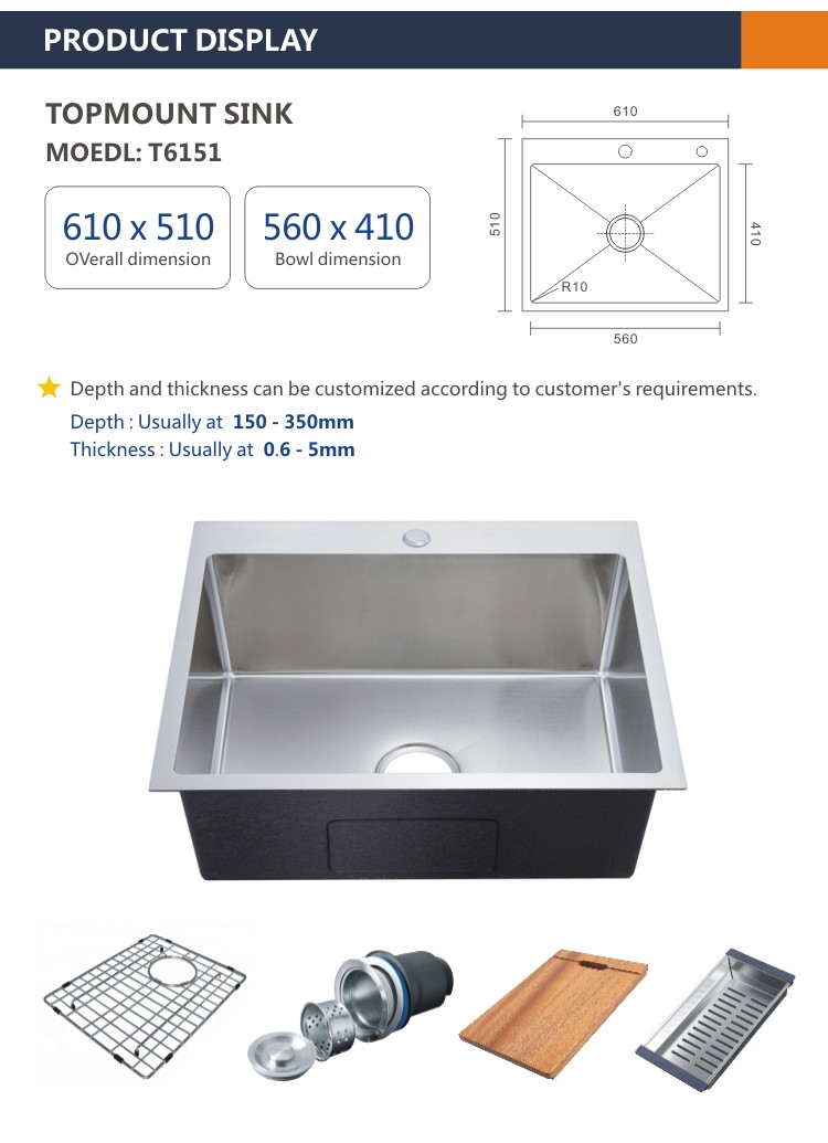 38 inch Topmount Stainless Steel Kitchen Sink Cabinet 18 Gauge 61x51