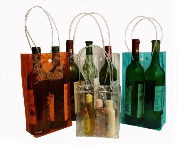 Colorful Handle Plastic Wine Bottle Cooler Bags , Customized PVC Wine Ice Pack Bag