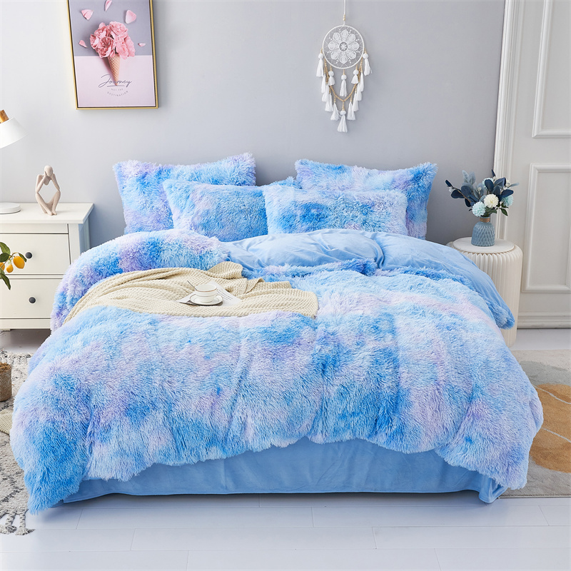 Blue Tie Dye Gradient Shaggy Warm Mink Velvet Duvet Bedding Set for Winter 500TC Gifts
