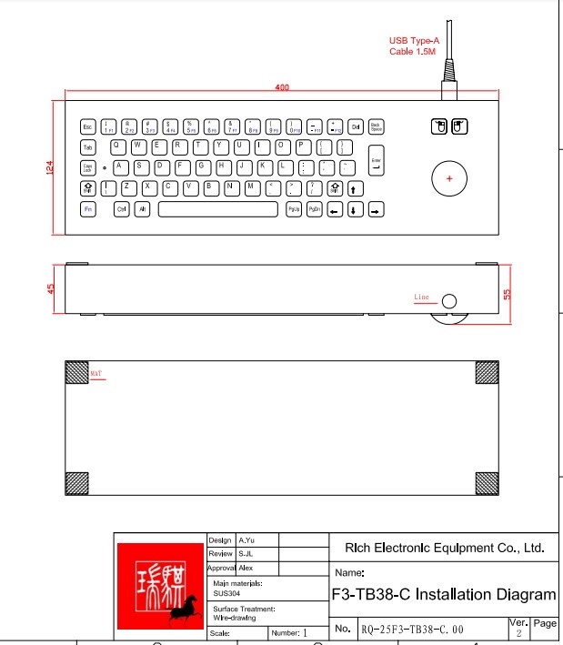 Industrial 304 Stainless Steel Metal Keyboard IP64 With 38mm Trackball