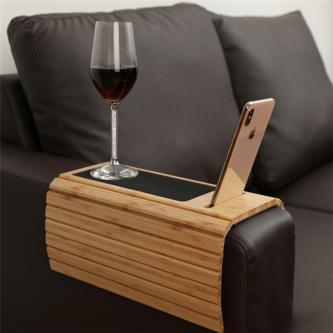 Hot Selling Portable Sofa Table Tray Bamboo Couch Arm Sofa Tray Armrest Tray With Anti Slip Pad