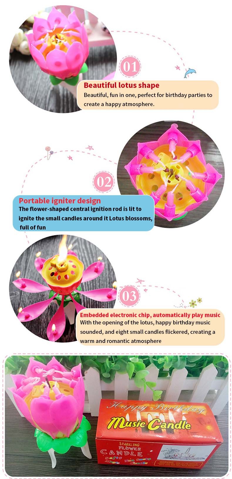 Multicolor Spinning Musical Birthday Candle Flower For Celebration
