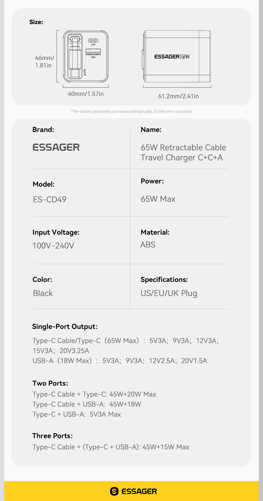 ESSAGER ES-CD49 Series 2 Ports 65W GaN Charger USB Wall Adapter