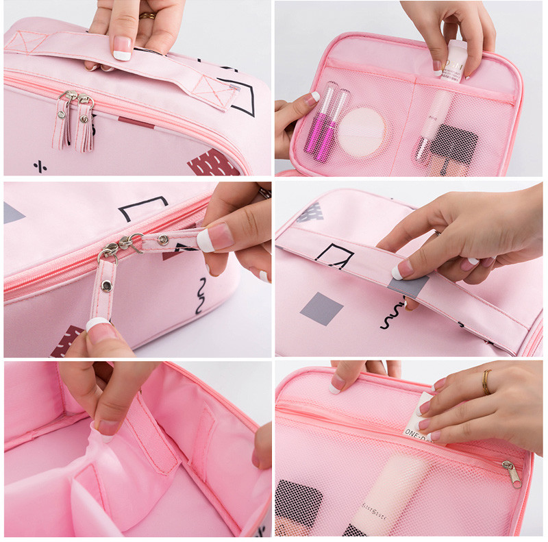 Printed Pattern Oxford Fabric Double Zipper Makeup Storage Bag
