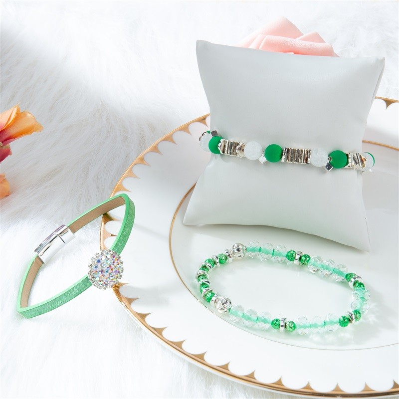 Party Green Leather Handmade Bracelet Set With Minimalist Zircon Rock Ball