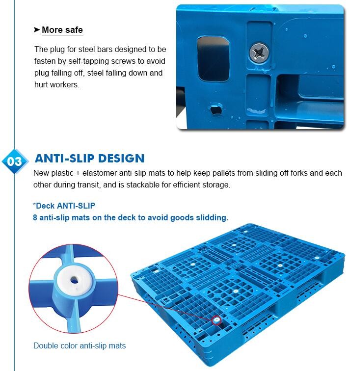 100% Virgin HDPE wear-resistant anti-slip stackable plastic pallet, China Manufacturer accept custom standard stacking p