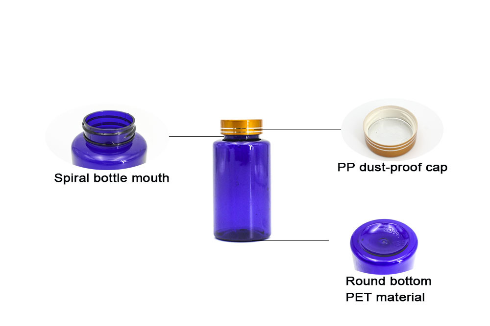 6.76oz/200ml Blue PET Plastic Universal Packaging Bottle, Health Medicine Pill And Capsule Bottle With Screw Cap