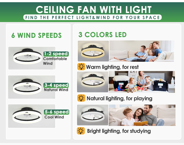 ABS Clear Plastic Blades 20 Inch Ceiling Fan with LED Light and Flush Mount Design