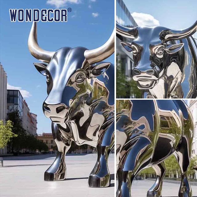 Large outdoor park metal art abstract animal hollow bull stainless steel sculpture