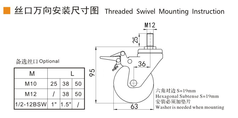 EDL Light Duty Zinc Coating 2.5inch 70kg Threaded TPE Caster by Swivel and Brake type