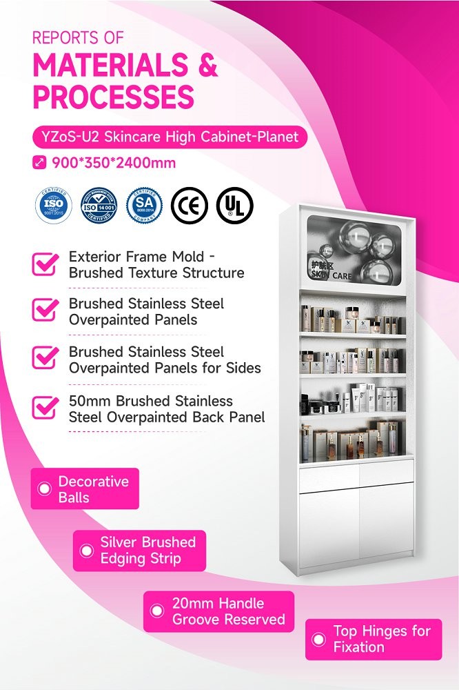 YZoS-U2 Top Lights Skincare Display Cabinet with Wooden Shelves and LED Strips