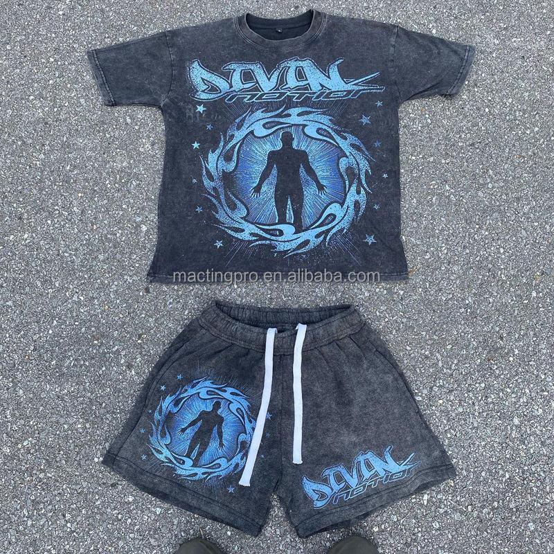 Custom Streetwear Vintage Two Piece Joggers Tshirt Stone Acid Wash Set for Men