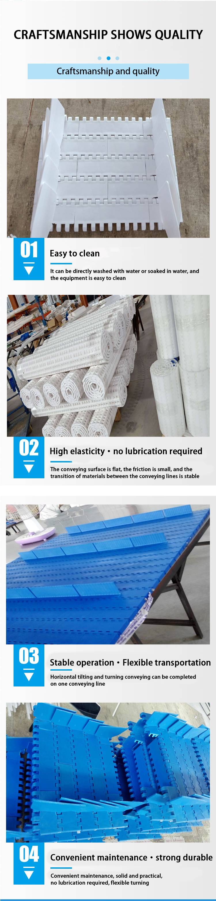 Easy-to-Clean Plastic Conveyor Belt Low Cost for Meat/Poultry Vegetables