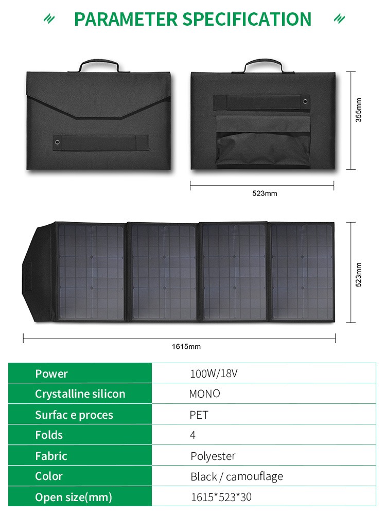 IP65 100W Foldable Solar Panel Energy 1615*340*340 Tiny Charging System