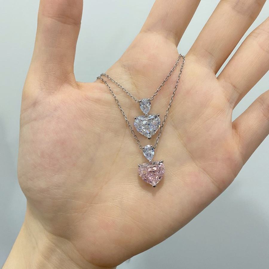 S925 Sterling Silver Necklace for Women Pink Heart White Drop Pear CZ Pendant Collarbone Chain