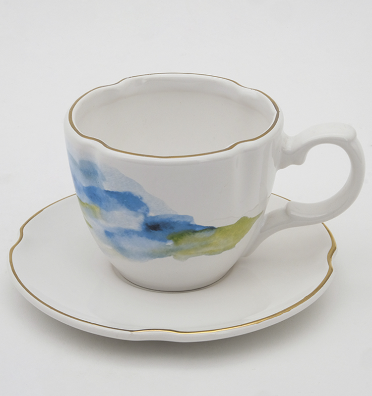 Ceramic Tea Cup And Saucer Set European Style White Stoneware Ceramic Print Coffee Water Mug Cup