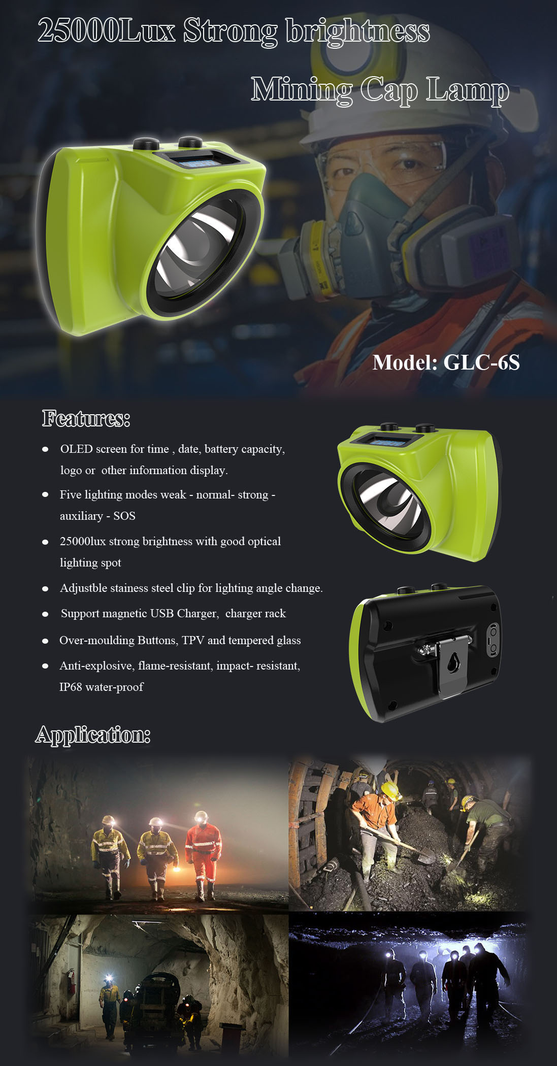 GLC-6S miner cap light with OLED screen 25000LUX strong brightness anti-explosive