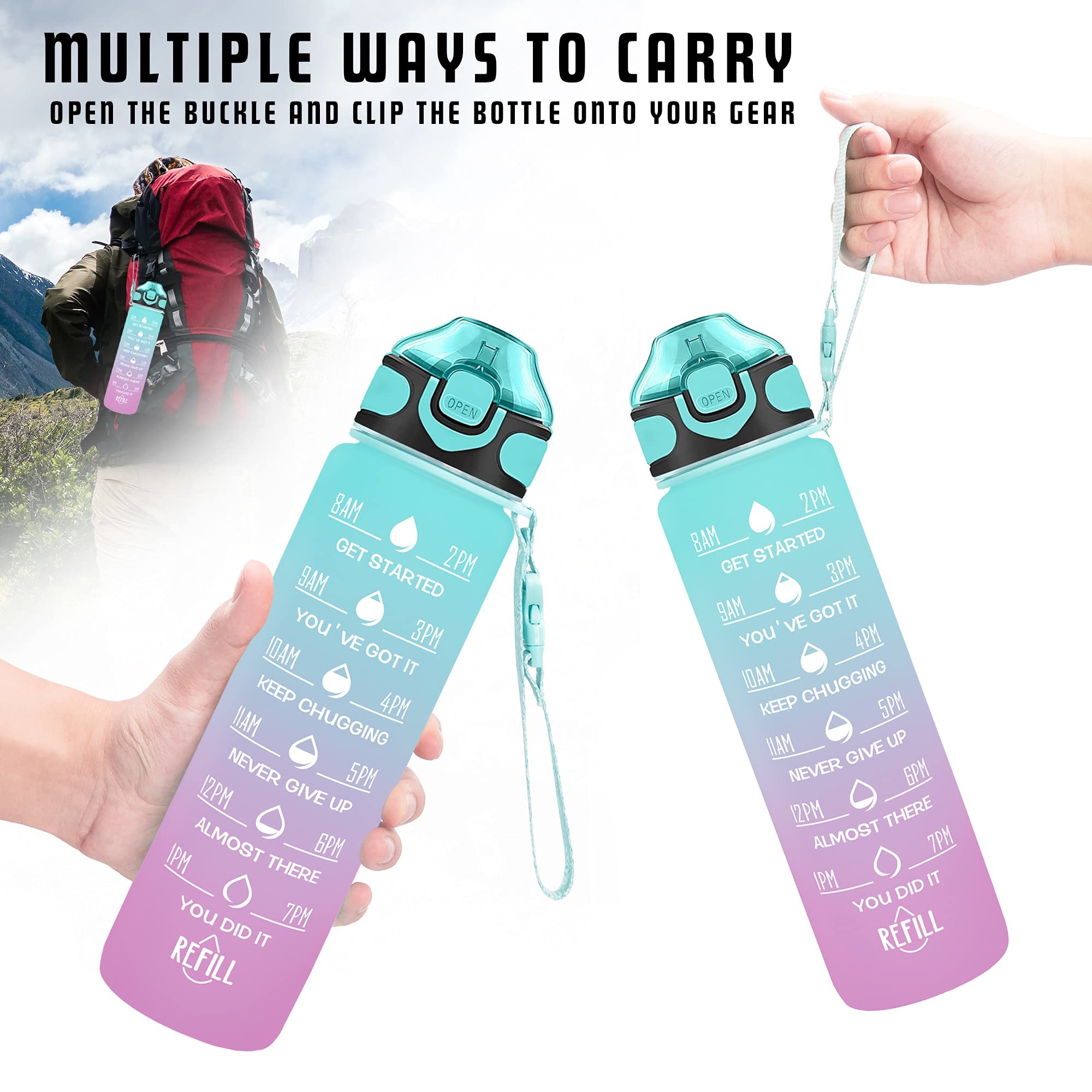 Portable Leakproof Sports Water Bottle 32 Oz Reusable Water Bottle With Motivational Time Marker And Carrying Strap Toxic Free Humanized Design