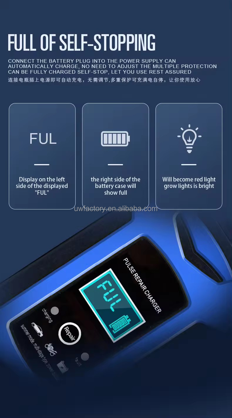 Sales 12V 6A 7 Version Motorcycle UPS Car Battery Charger Pulse Repair with LCD Charger EU Plug US Plug UK Plug SCP Input