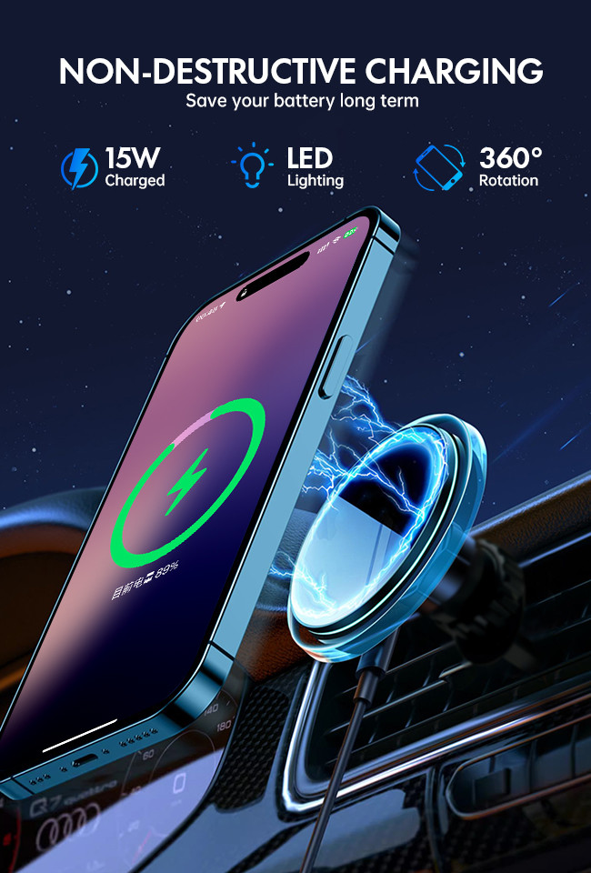 Stable Artistic Magsafe Car Mount Crystal Ambient Light Design Wireless Charging Horizontal Vertical