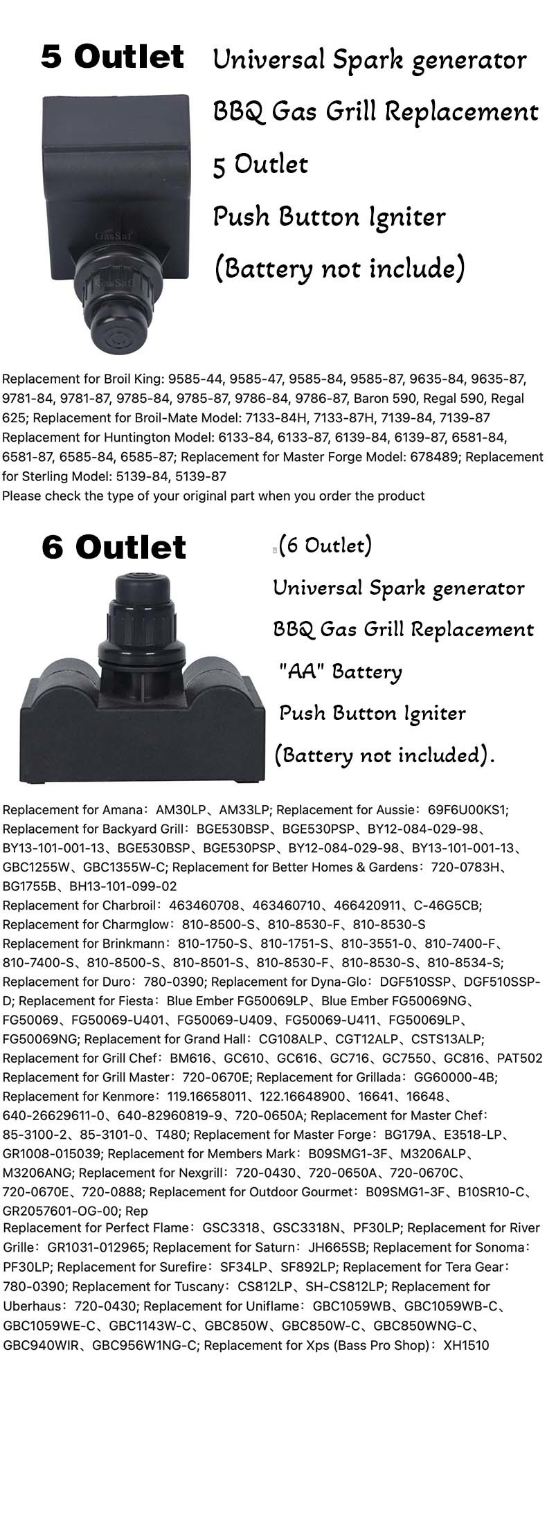 AA Push Button Battery Operated Igniter with 6 outlet Exits for Gas Grill, Heaters