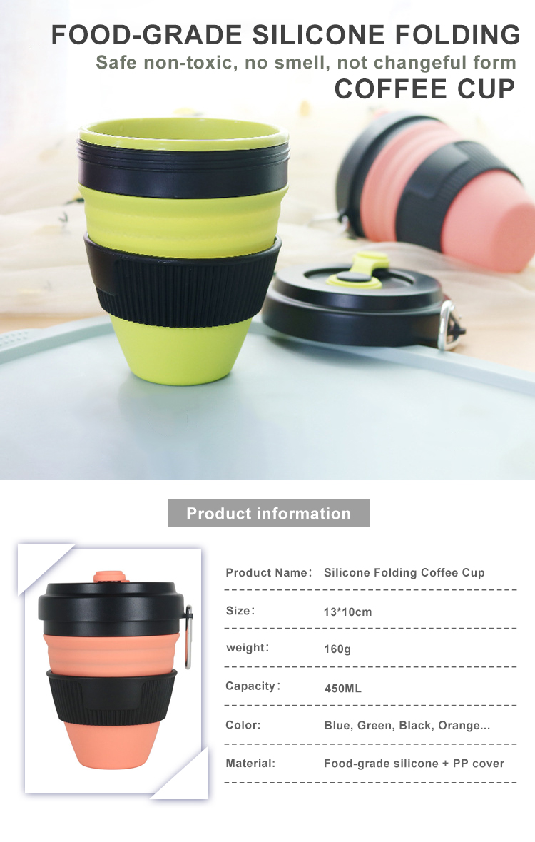 450ml Black Food-Grade Collapsibel Silicone Pocket-Sized Travel Camping Mug