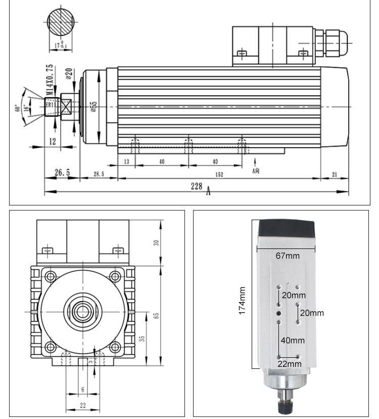 750w 12000rpm Air Cooled Spindle Motor with Inverter Drive and Maximum Torque of 0.6Nm