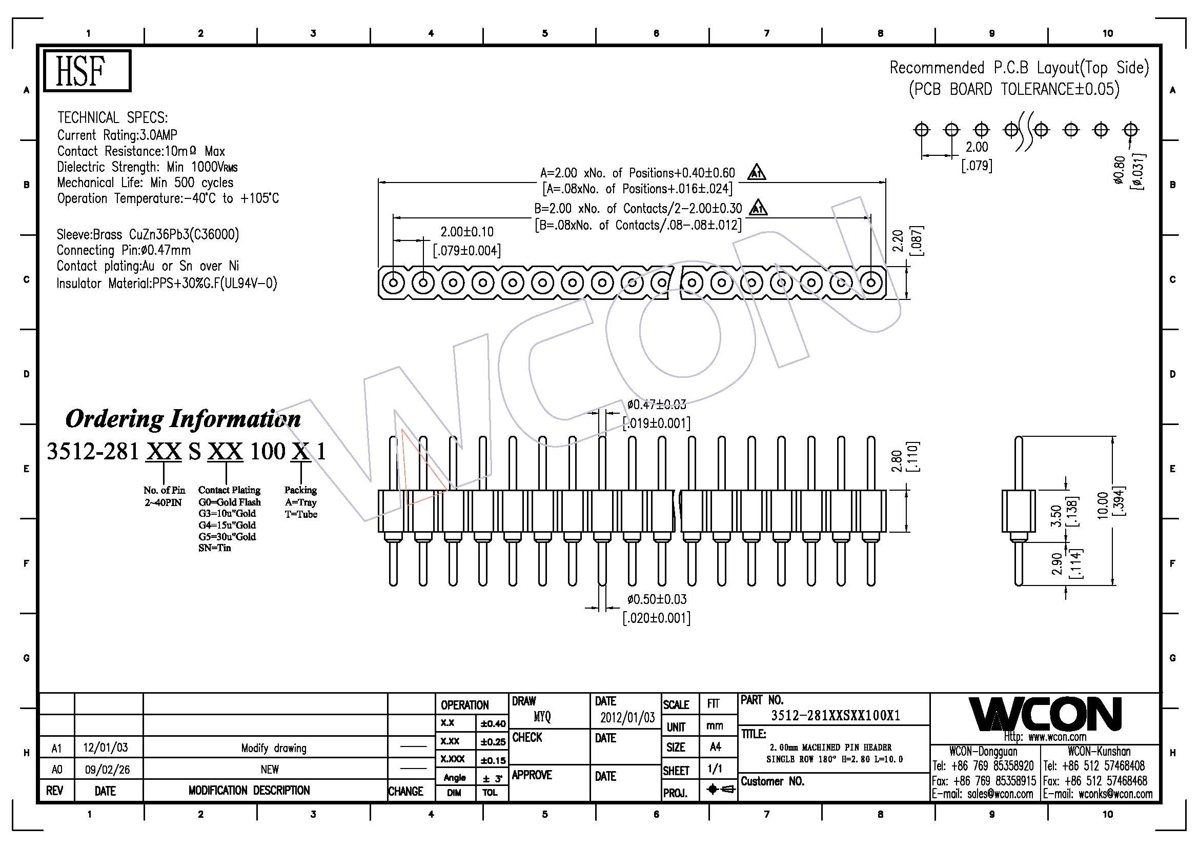 WCON 2.0mm Round Pin Header Connector Single Row Headers 1*22P 180°DIP