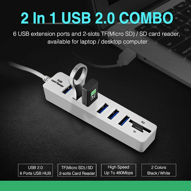 High Speed All In One USB Hub Combo Card Reader 6 Ports ABS Shell