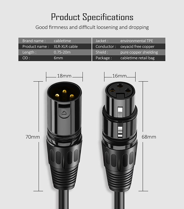 1m 3m 5m 3 PIN Connector XLR Audio Jack Male To XLR Female DMX Cable